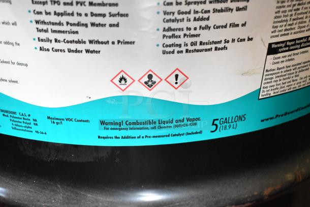 Pro Guard Grey 9118 Moisture Cure Liquid Rubber, 5 gallon, labels indicating safety warnings and application instructions.