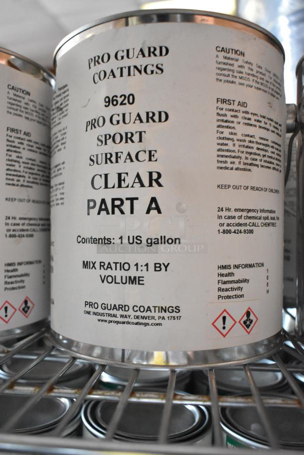 Pro Guard 9620 Sport Surface Clear Part A, 1 US gallon, mix ratio 1:1 by volume, caution and first aid info visible.
