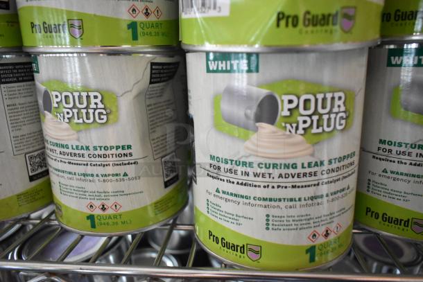 Pro Guard Pour N Plug leak stopper, white, 1 quart. Moisture-curing for wet conditions. Lot of 143, brand new.