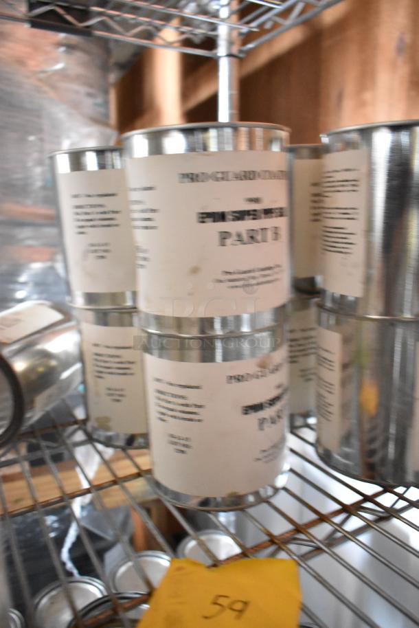 143 Pro Guard chemical containers, including White Pour N Plug, stacked on shelving. Labels detail product use and batch info.