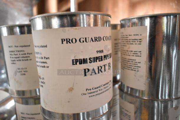 143 cans of Pro Guard Coatings EPDM Super Pipe Sealant Part B, featuring labels with directions.