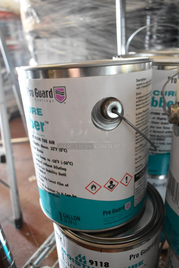 Cans of Pro Guard 9118 Moisture Cure Liquid Rubber, 1 gallon each, labeled with safety icons. 55 cans in set.