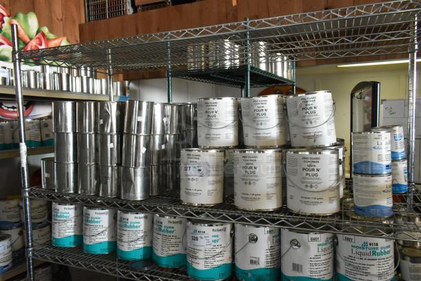 86 Pro Guard Chemicals including 1501 Part B, 9201K Pour N Plug, EPDM White on shelves; 1-gallon cans, various labels visible.