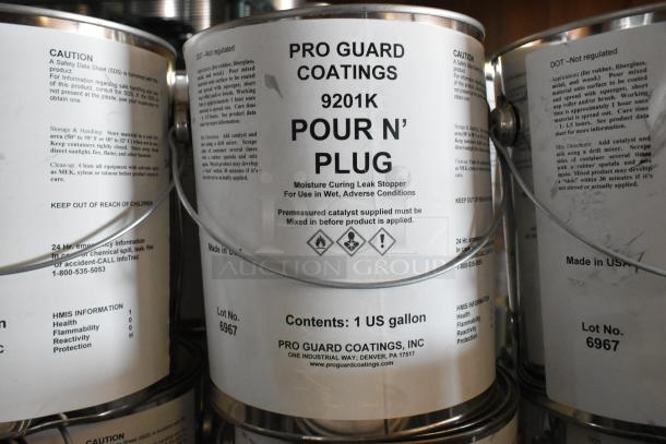 86 Pro Guard chemicals, including 9201K Pour N Plug, displayed in 1-gallon cans. Labels show usage and safety info.