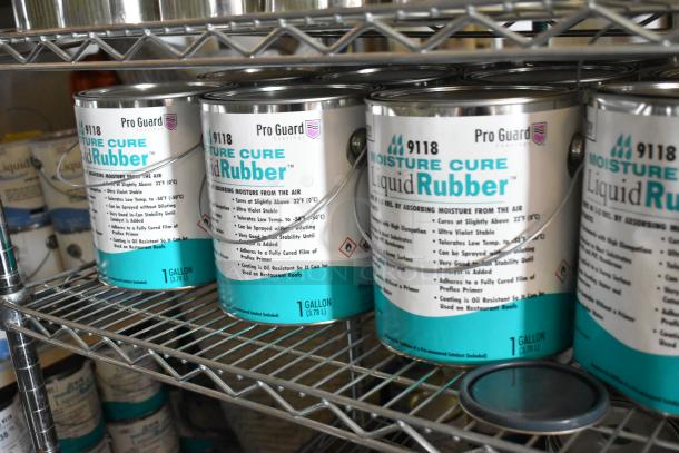 Alt text: 
Cans of Pro Guard 9118 Moisture Cure Liquid Rubber, 1-gallon, on metal shelf. Features UV stability, low-temp tolerance.