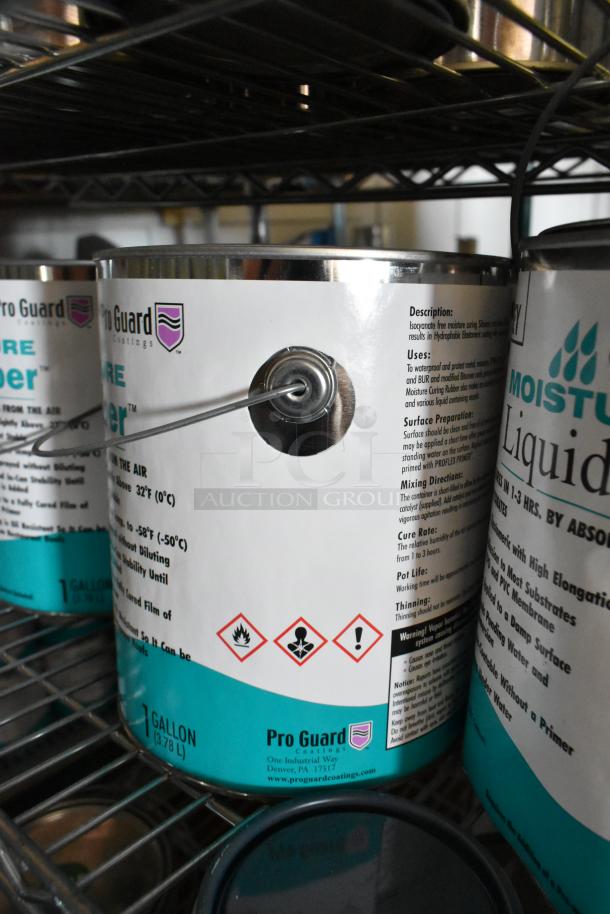 Cans of Pro Guard Chemicals including 9118 Moisture Cure Liquid Rubber, MC Poly 9611 Part B, 1-gallon each, labels visible.