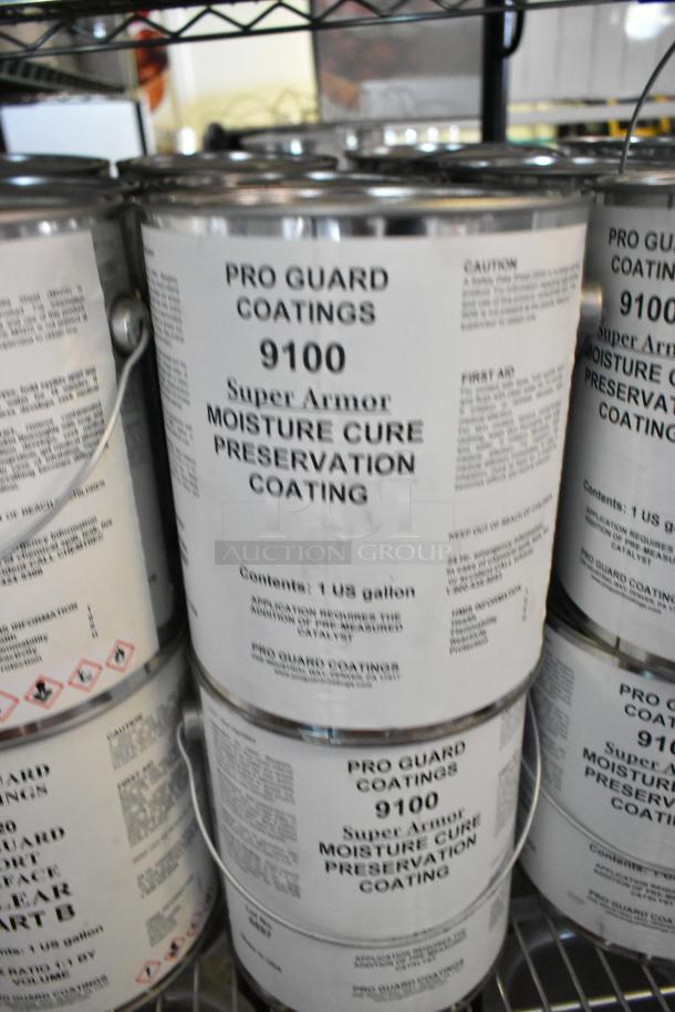 Cans of Pro Guard Coatings, including 9100 Moisture Cure and 9620 Sport Surface Clear Part B, displayed on a shelf.