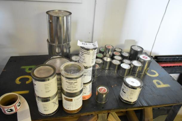 38 Pro Guard chemical cans, including Epoxy Clear Primer Part A, 2524 Milliken Blue Primer, 2407 Part C Epoxy, various sizes.