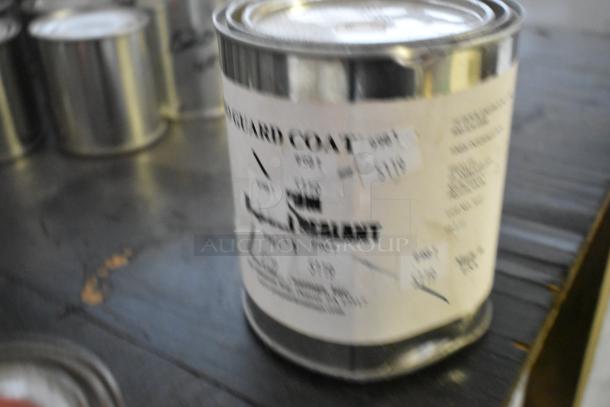 Set of 38 Pro Guard chemical cans including epoxy clear primer, Milliken blue primer, labeled for sealing and durability.