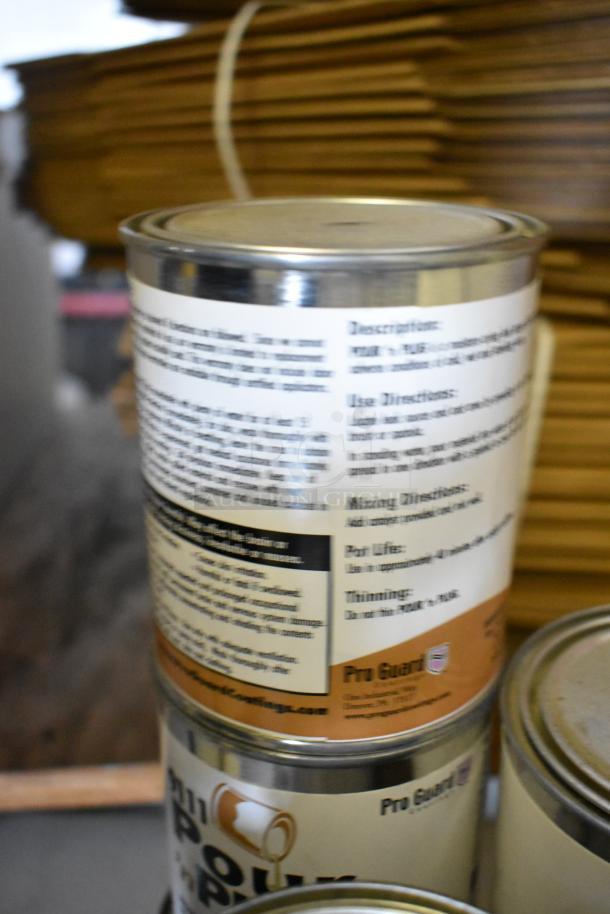 Stack of cans containing Pro Guard Chemicals, including 9111 Pour N Plug. Labels detail mixing and usage instructions.
