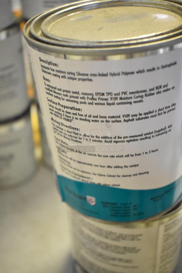5 Pro Guard chemical cans, including 9109 Black Moisture Cure Liquid Rubber. Labels detail usage and preparation.