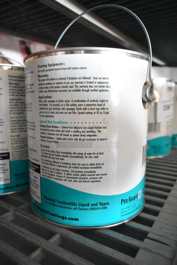 16 Pro Guard chemical cans, including 9101 Moisture Cure White Liquid Rubber and Well Bred Brown EPDM, in good condition.