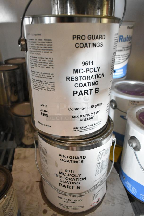 Pro Guard Chemicals, including MC Poly Restoration Coating Part B, 1 US gallon cans. Made in USA, Lot No. 6295.