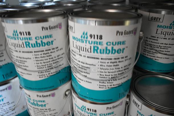 Cans of Pro Guard 9118 Moisture Cure Liquid Rubber, labeled for moisture absorption and UV stability, 1 gallon each.