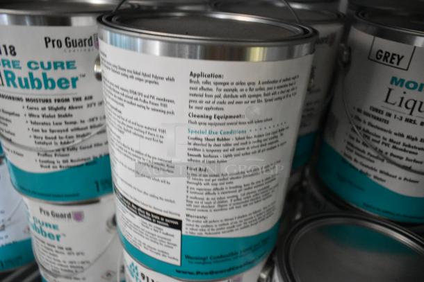 53 Pro Guard chemical cans, including 9118 Moisture Cure Liquid Rubber. Labels detail applications and conditions.