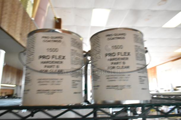 13 Pro Guard chemicals, including XP1219 Rubber Filled Primer Part B and 1500 Pro Flex Hardener Part B, on shelf.