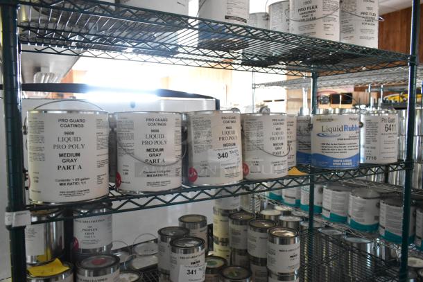 18 Pro Guard chemical cans, including 9608 Medium Gray Part A, Liquid Rubber EPDM White. Excellent condition on metal shelves.