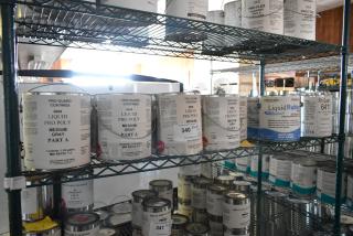 18 Pro Guard chemical cans, including 9608 Medium Gray Part A, Liquid Rubber EPDM White. Excellent condition on metal shelves.
