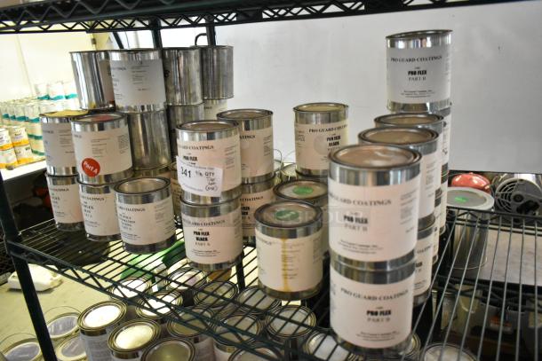 41 Pro Guard chemical cans including Pro Flex Black Part A, MC Poly Restoration Coating Part A, Proflex Gray Part A.