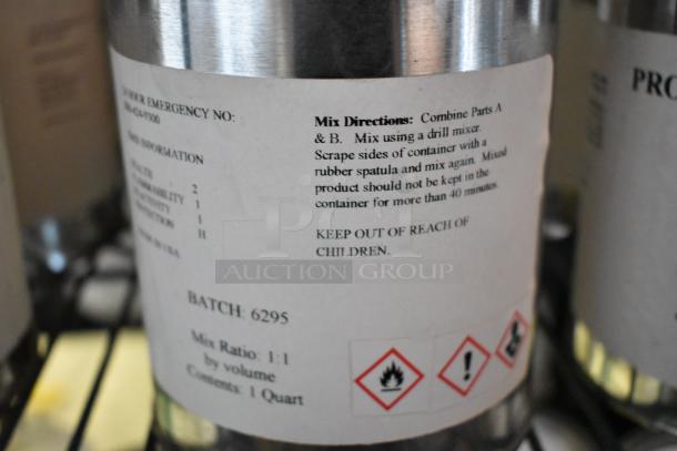 Auction lot with 41 Pro Guard chemical containers, including Pro Flex Black Part A and MC Poly Restoration Coating Part A, with hazard labels.