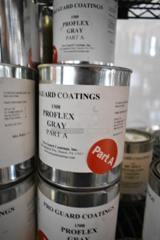 41 Pro Guard Coatings chemicals, including Proflex Gray Part A. Cans with labels indicate industrial use.