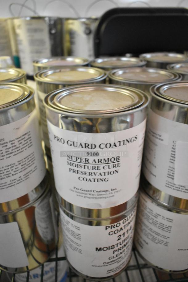 56 Pro Guard Chemical cans, including 9100 Super Armor Preservation Coating and 2114 Moisture Cure Primer. Multiple units.