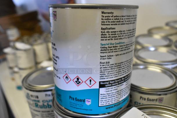 Cans of Pro Guard 9118 Moisture Cure Liquid Rubber, detailed labels include application instructions and hazard warnings.