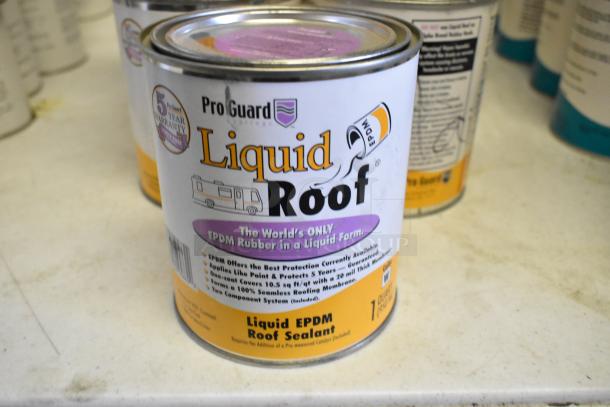 Pro Guard Liquid Roof EPDM Sealant can, 1 quart, with label highlighting 5-year warranty. Total of 17 cans available.