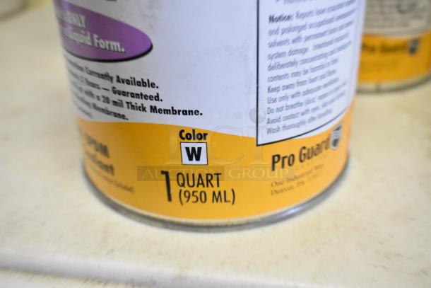 Pro Guard Liquid Roof EPDM Sealant, 1 quart. Label shows color white. Contains 17 assorted chemical products.