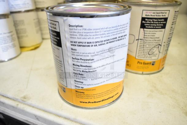 17 Pro Guard Chemical cans, including Liquid Roof EPDM Sealant. Labels detail usage, mixing directions, and precautions.