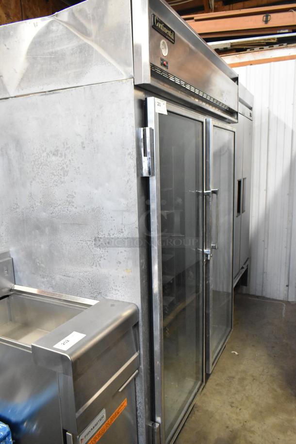 Continental 2RE-GD metal 2-door reach-in cooler merchandiser on casters, 115V, 1 phase, glass doors, commercial use.