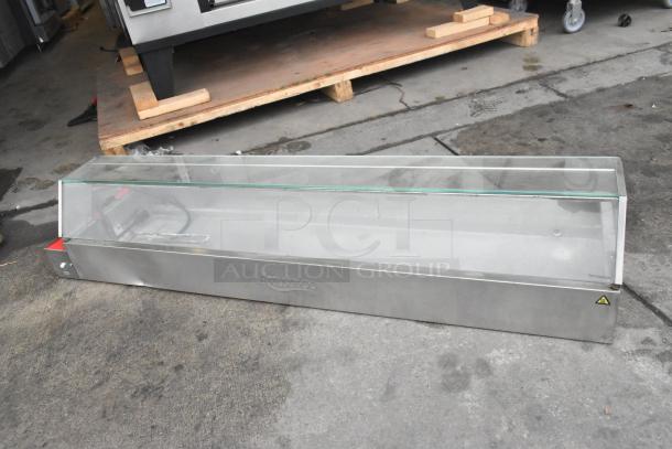 Brand new Avantco food warmer with sneeze guard, displaying minor scratches and dents, stainless steel finish.