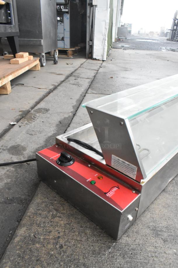 Brand new Avantco food warmer with sneeze guard, scratch and dent condition, temperature control knob, red panel.