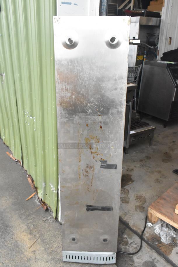 "Brand new Avantco food warmer with visible dents and scratches, includes sneeze guard, stainless steel body, cord attached."