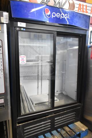 QBD CD45-HC commercial cooler, 2-door reach-in, poly-coated racks, Pepsi branding, 115V, 1 phase, good condition.