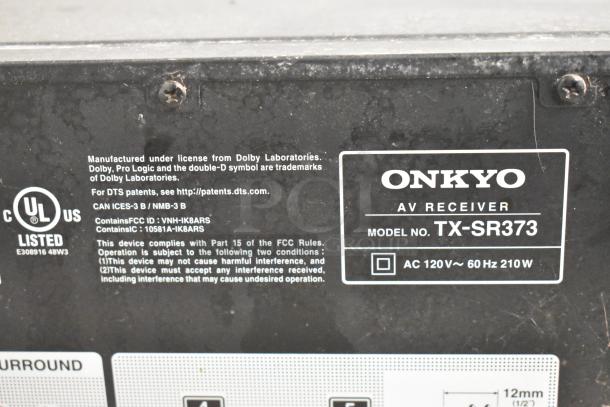 Onkyo TX-SR373 AV Receiver, model number visible, licensed by Dolby, input power AC 120V, 210W.