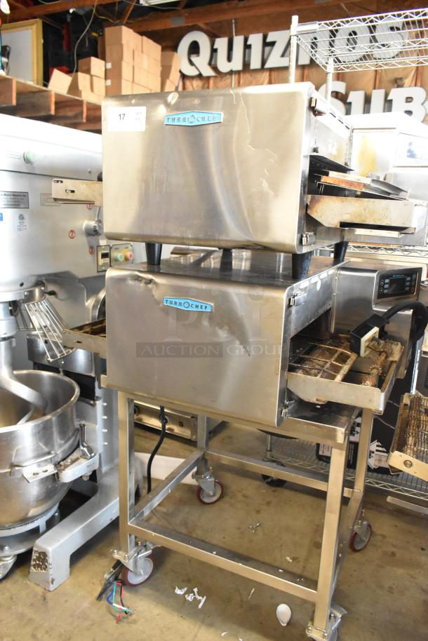 Two Turbochef HhC2020 stainless steel commercial conveyor pizza ovens on casters, 208/240V, 1 phase, used condition.