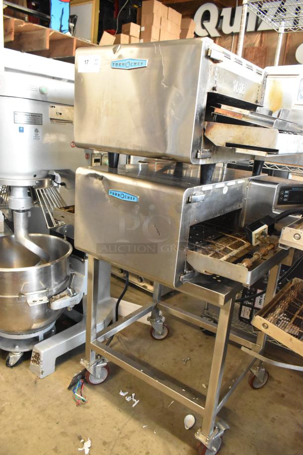 Two 2021/2022 Turbochef HhC2020 stainless steel conveyor pizza ovens on casters, 208/240V, 1 phase, commercial use.