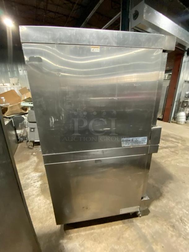 Bakers Pride Cyclone Series stainless steel double-stacked convection oven, model GDCOG1, on casters, natural gas, 115V.
