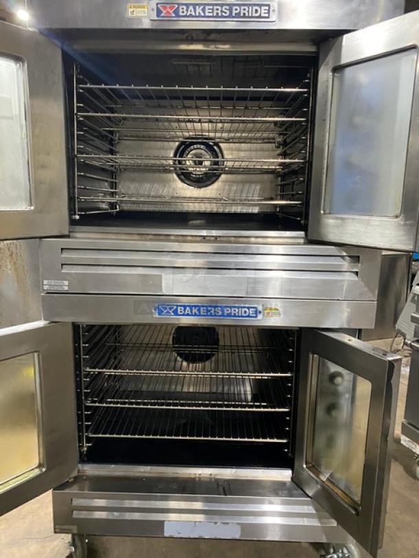 Bakers Pride Cyclone Series double convection oven, stainless steel, natural gas, model GDCO-G1, with casters, open doors.