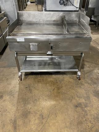 WoodStone stainless steel natural gas plancha griddle with back and side splash, undershelf cart, on casters; SN: GP1B16MAY1704992.