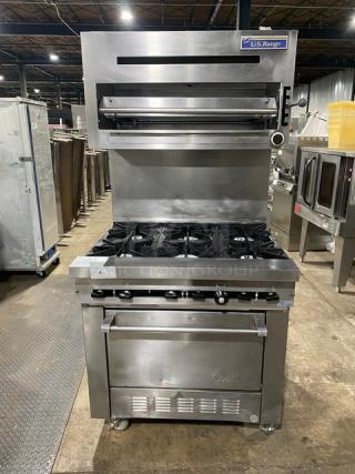 Garland SunFire stainless steel 6-burner natural gas range/oven with U.S. Range salamander broiler, model SX626, on casters.