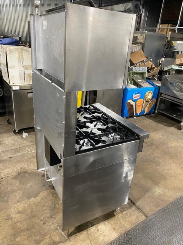 Garland SunFire Series stainless steel 6 burner range/oven with U.S. Range salamander broiler. Model SX626 on casters.