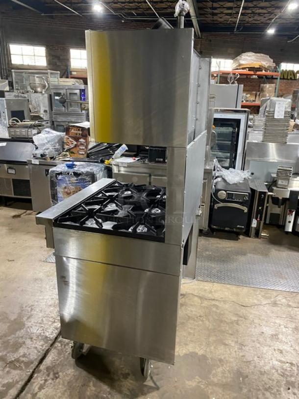 Garland SunFire Series stainless steel 6-burner range/oven combo with overhead salamander broiler, Model SX626, on casters.