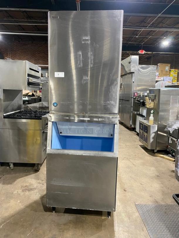 Hoshizaki KM-1340MRJ/B-500PF ice maker, stainless steel, crescent cube style, modular, electric, on legs, commercial use.