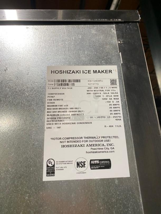 Hoshizaki stainless steel ice machine, model KM-1340MRJ/B-500PF. Commercial use, 208-230V, 1 phase, on legs.