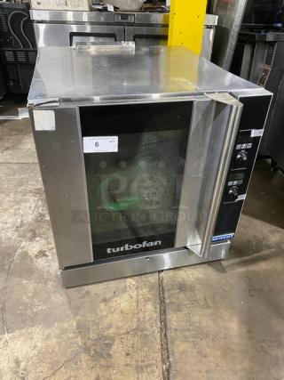 Moffat TurboFan G32D5 commercial convection oven, stainless steel, single stack, 5-pan capacity, with blue gas connector hose, excellent condition.
