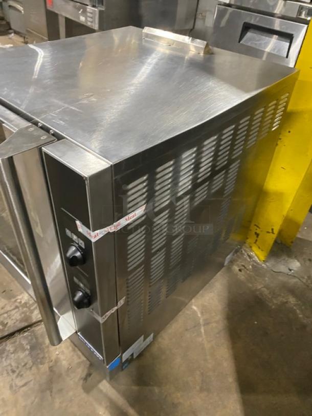 Moffat TurboFan G32D5 stainless-steel gas convection oven, single stack, 5-pan capacity, built-in pan slide, blue gas connector hose.
