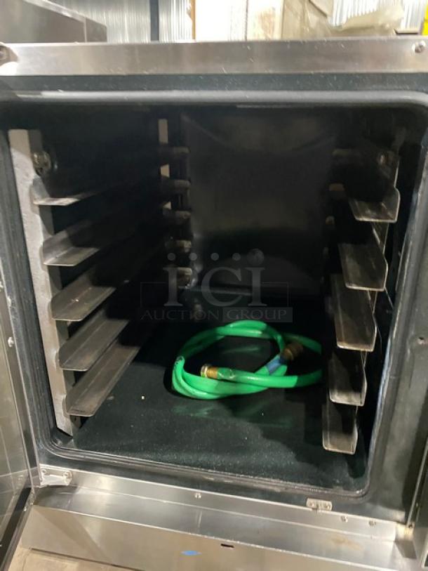 Moffat TurboFan G32D5 gas convection oven, stainless steel, 5-pan capacity, includes built-in pan slide, blue gas connector.
