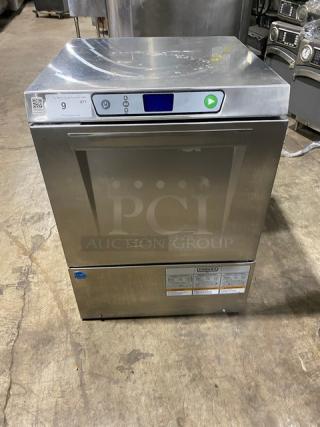 Hobart LXEC undercounter dishwasher, stainless steel, energy-efficient, with peg rack, model LXEC SN: 231161088, 120V 1 Phase.
